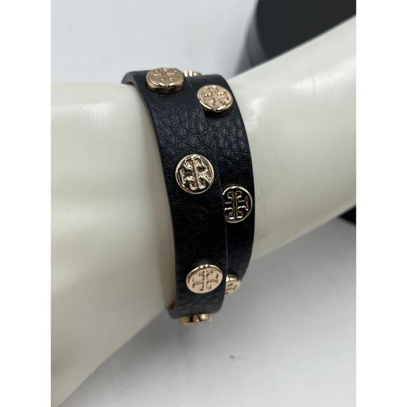 Tory Burch Designer Double Wrap Black Leather Gold Logo T Snap Bracelet - Picture 6 of 8